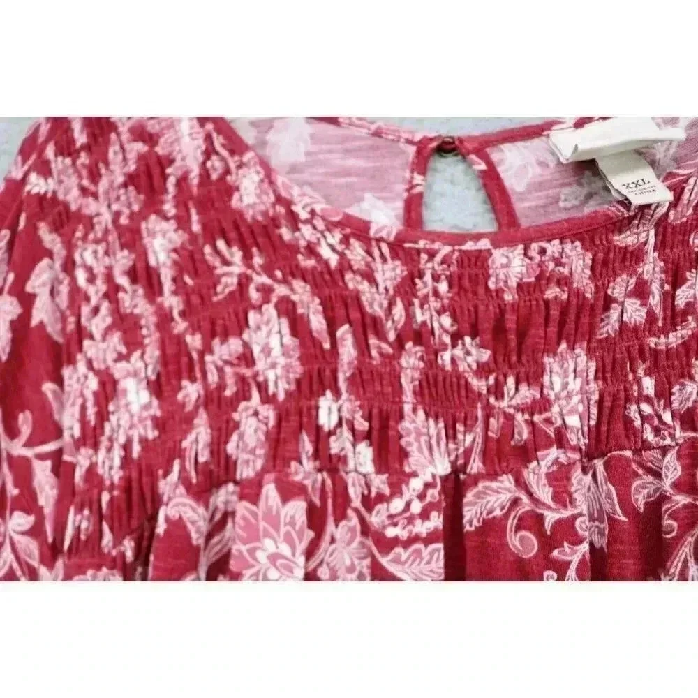 Knox Rose Burgundy Floral Tunic-Size XXL-Long Puff Sleeves-Smocked